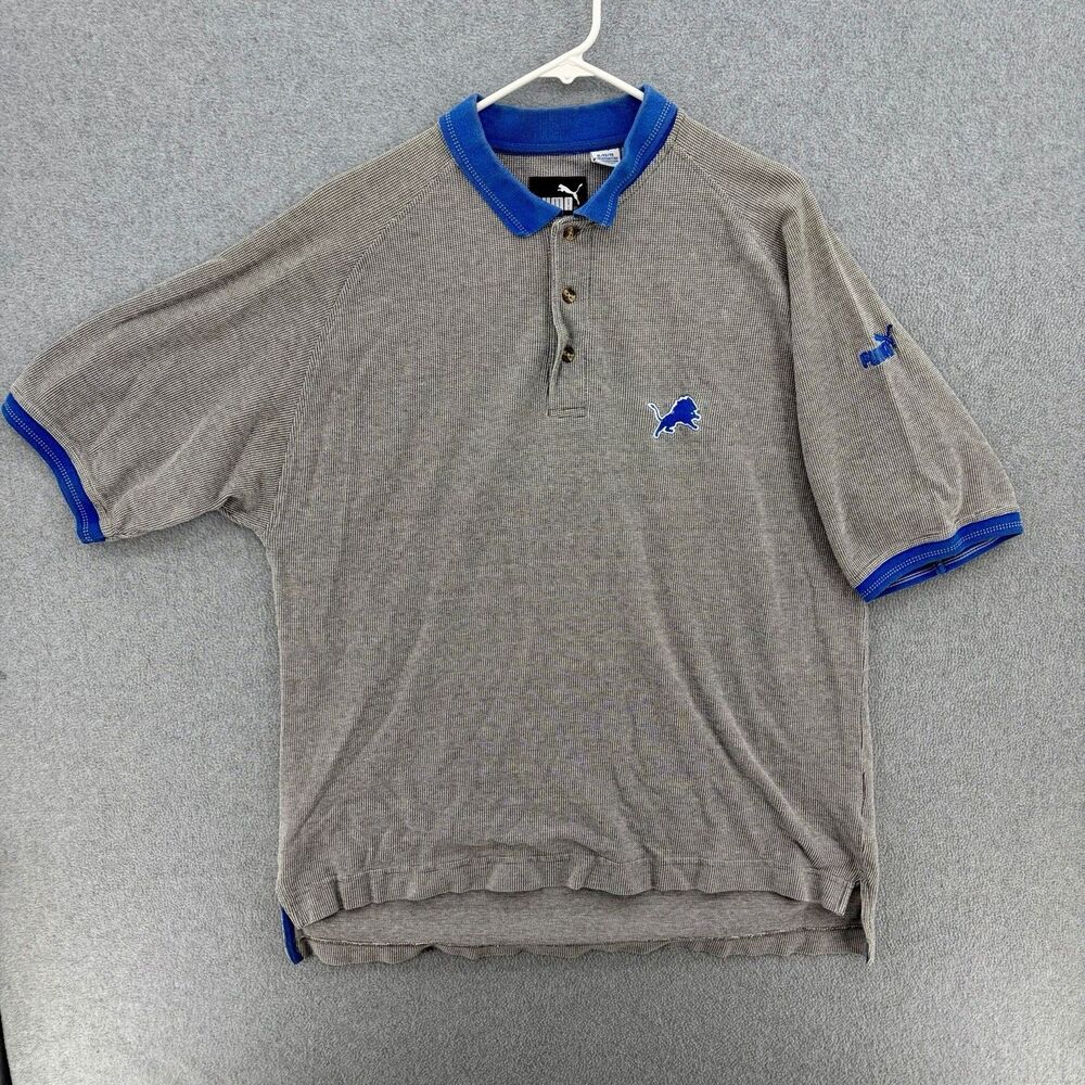 Vintage Puma Detroit Lions Polo Shirt Mens XL Gray Blue Embroidered NFL Y2K